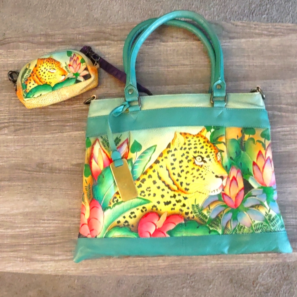 Anuschka Hand Painted Leopard Green Handbag